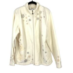 Talbots Fleece Jacket Womens XL Cream Embroidered Snowflake Full Zip Winter Cozy